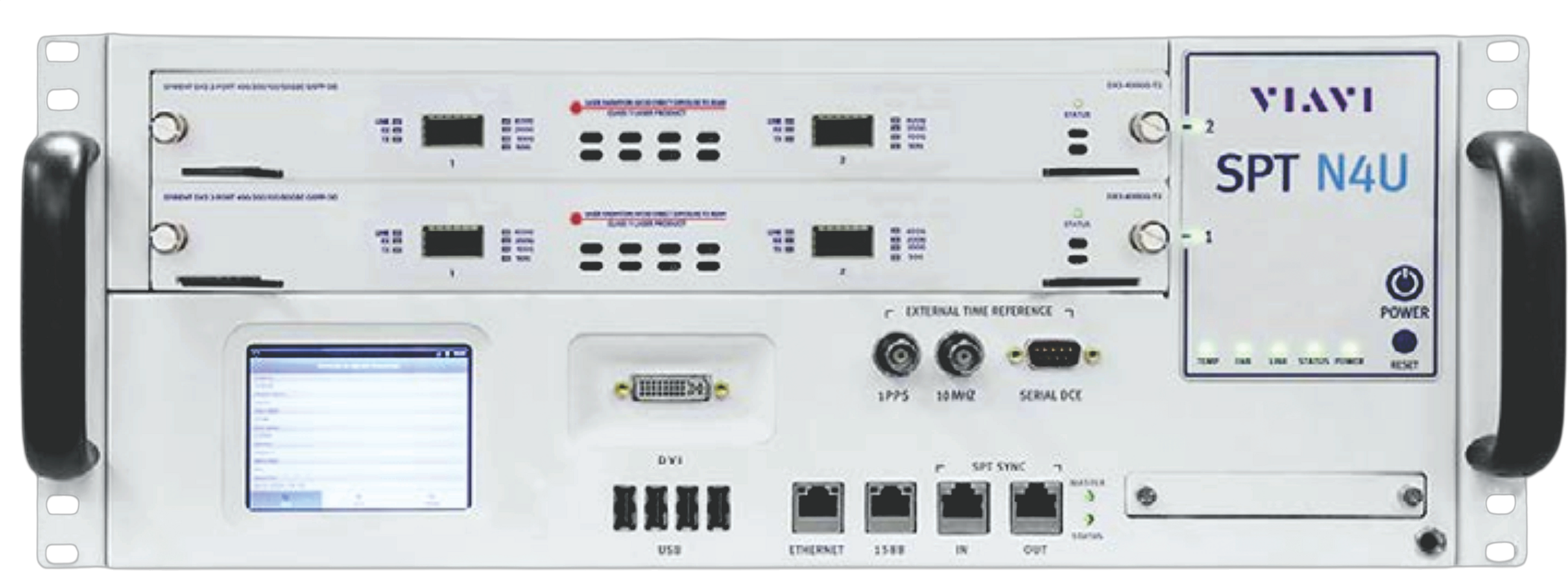 Front view of the VIAVI TestCenter SPT-N4U compact chassis